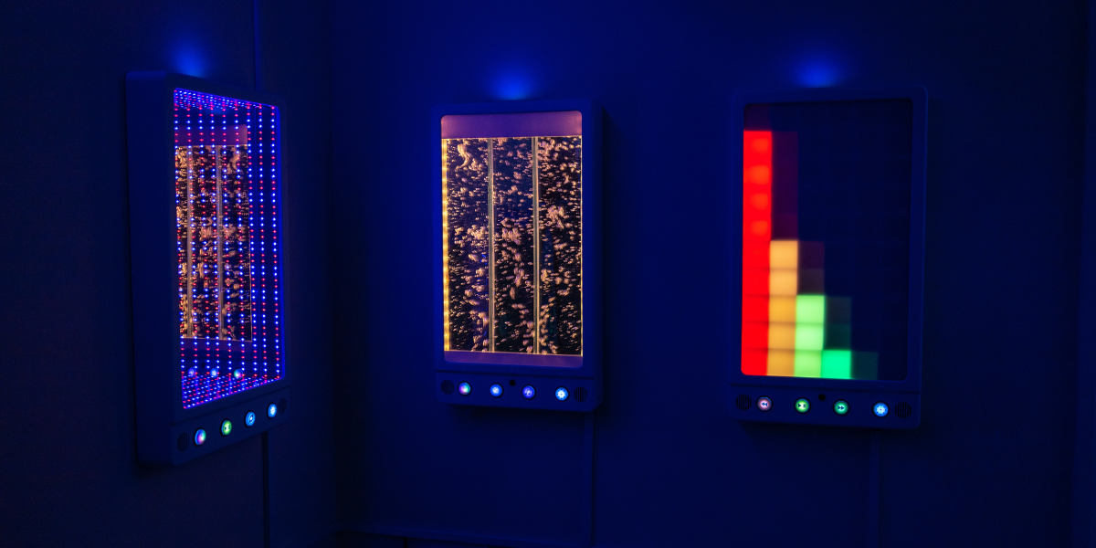Interactive wall panels for sensory engagement.