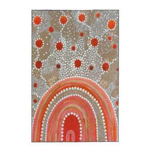 Large Aboriginal art sensory rug with “Above Us” design placed in a calm sensory or therapy space floor area