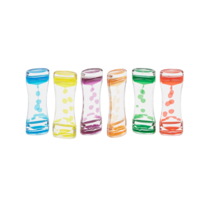 Set of sensory coloured cascade timers showing flowing coloured liquid inside clear tubes used for visual sensory regulation and calming focus activities