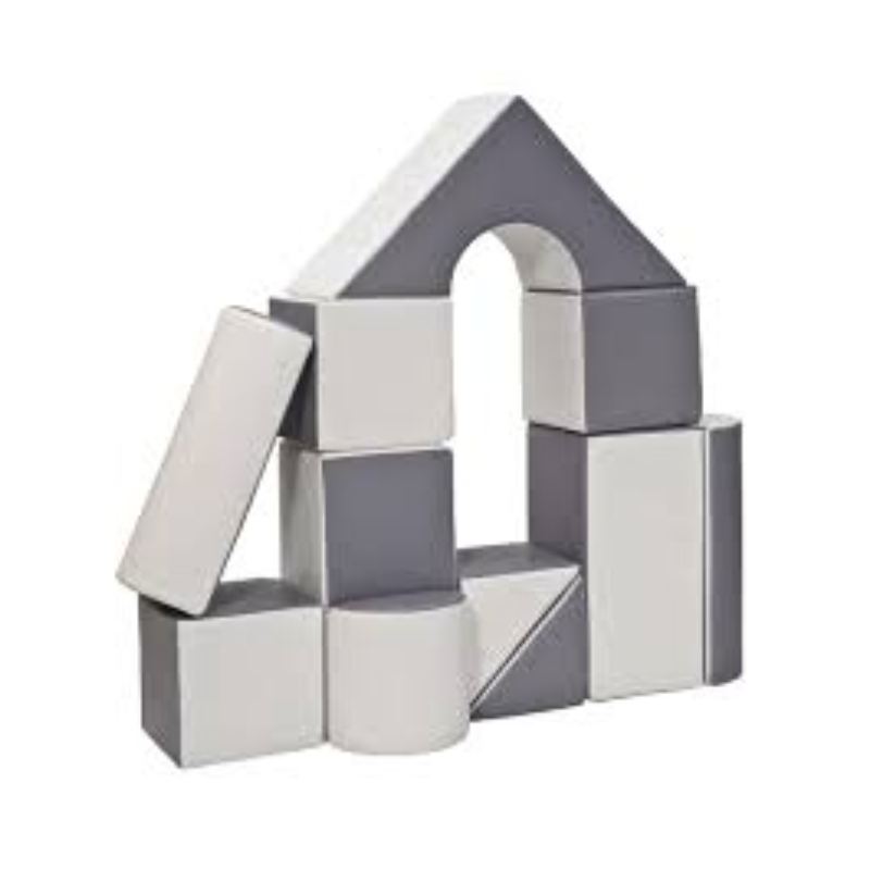 23-piece grey and white soft play foam shapes arranged for climbing, balancing, and sensory movement activities in an indoor play space