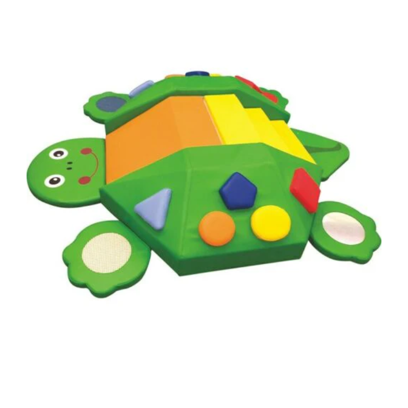 Soft play climbing turtle foam structure with steps and slide used for climbing, crawling, and gross motor sensory play activities